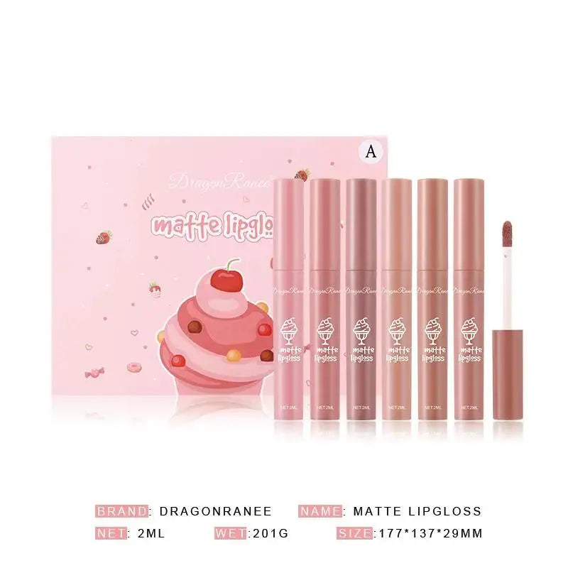 Dragon Ranee 6-Color Velvet Matte Lip Gloss Set – Long-Lasting