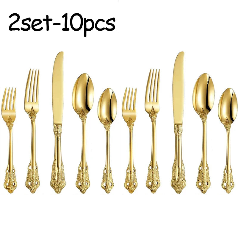 Stainless Steel Dinnerware Sets High-grade Knife Fork And Spoons Cutlery Kits Gold Plated Floral Pattern Tableware Dropship Oasis Select 2set golden