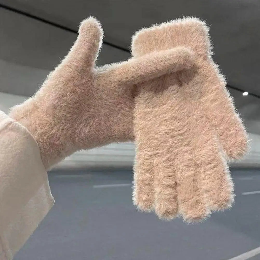 Fashion Winter Mink Velvet Five Finger Gloves Plush Warm Cold-proof Gloves Women Outdoors Cycling Solid Color Mittens Oasis Select