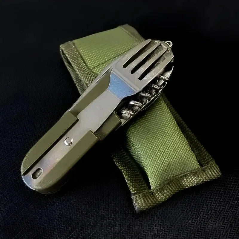 1pcs Outdoor Picnic Portable Tableware Camping Folding Stainless Steel Knife Fork Spoon Bottle Opener Multifunctional Wilderness Oasis Select
