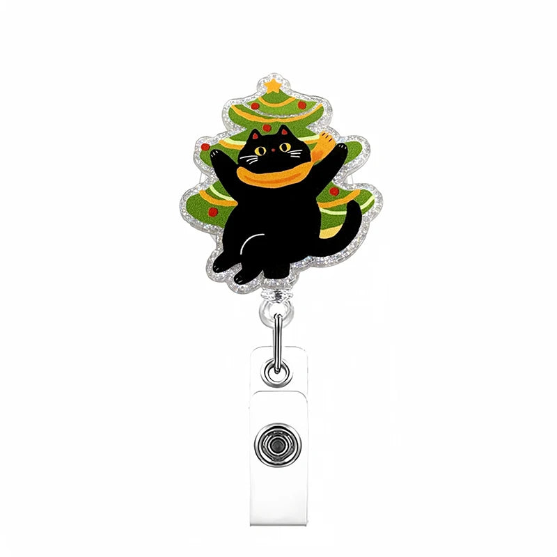 Christmas Cat Badge Reel Retractable Cute Xmas Badge Clip With Christmas Tree Black Cat Designs Acrylic Christmas ID Name Holder Oasis Select StyleA