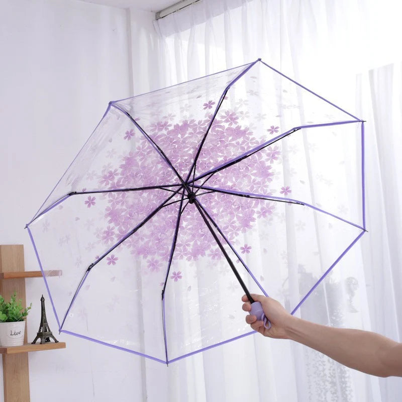 Cherry Blossom Korean Style Umbrella Cute Literature and Art Fresh Simple Student Trifold Cherry Blossom Transparent Umbrella Oasis Select Purple 8K iron