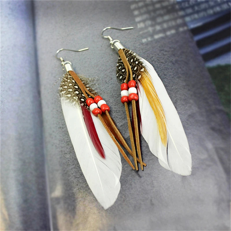 Tassel Dangling Earrings Colorful Feather Leather Beads Earrings Indian Feathers Summer Womens Fashion Jewelry Oasis Select MR-01