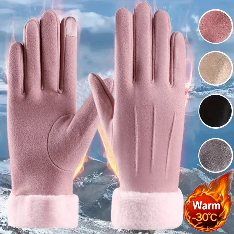 Autumn Winter Warm Suede Gloves Plus Velvet Thickened Plush Decor Cuff Gloves Outdoor Coldproof Touchscreen Riding Ski Gloves Oasis Select