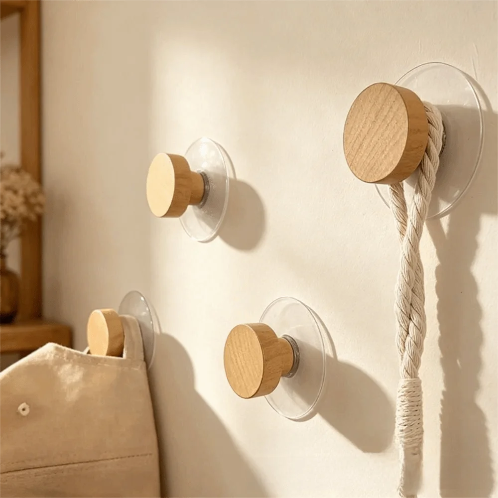 10-Pack Nordic Wood Suction Cup Hooks | No-Drill Adhesive