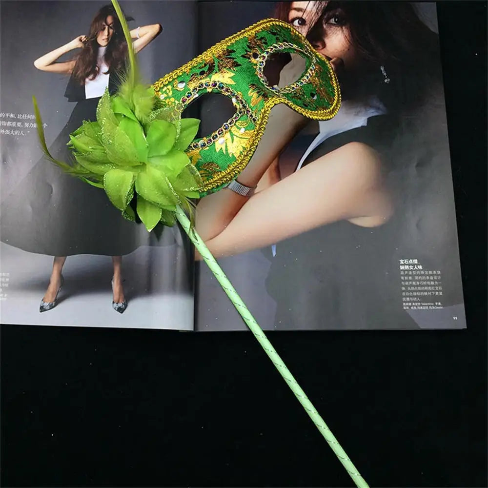 Venetian Masquerade Mask with Holding Stick for Women Feather Mardi Gras Masks Masquerade Ball Masks for Women Oasis Select Green