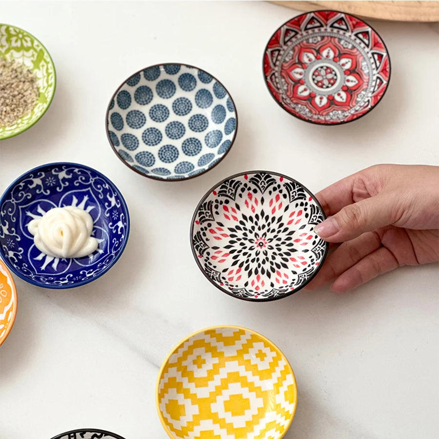 6/10 Pieces of Ceramic Condiment Dishes, Bohemian Plates, Sauce Dishes, Household Soy Sauce Vinegar Spice Dishes, Suitable for Home Kitchens, Restaurants, Sushi Bars, Parties, Hot Pot, Picnics, Camping, Barbecues, Cold Oasis Select