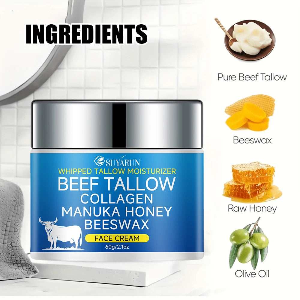 SUYARUN Natural Tallow Cream with Olive Oil & Raw Honey - Nourishing Anti-Aging Face Moisturizer for Dry Skin. Oasis Select