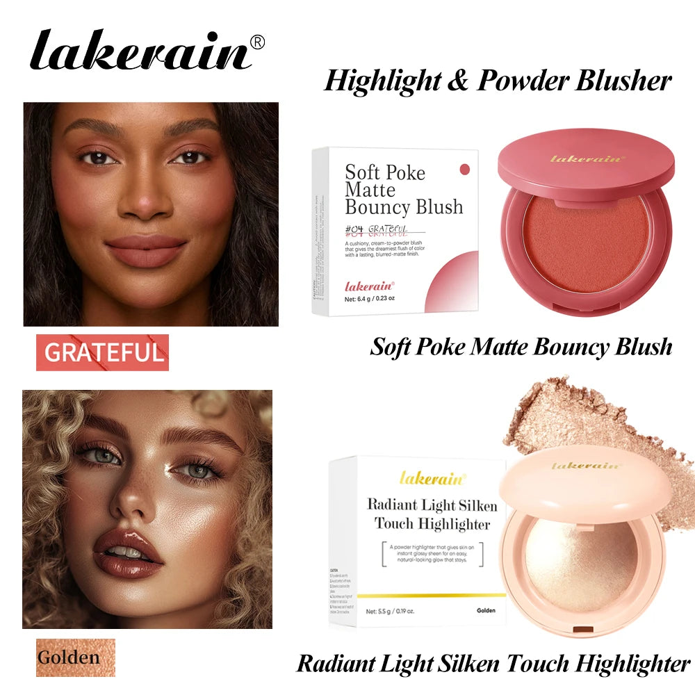 Matte Blush & Silken Touch Highlighter Set Smooth Texture Non-Flying Powder Fine Pearl Glow Waterproof Long Lasting Face Makeup Oasis Select C
