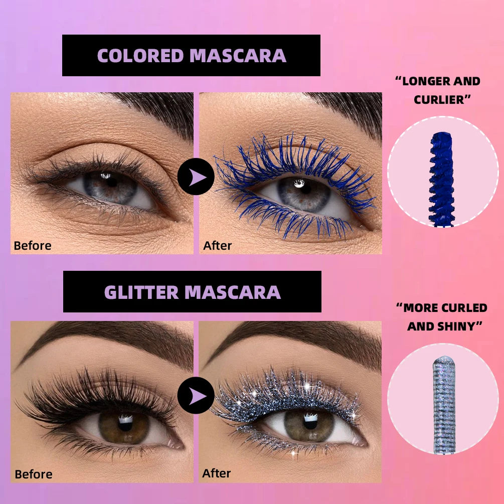 QiBest 2-in-1 Glitter & Colored Mascara | Waterproof, 6 Colors