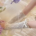 Kawaii Lace Ruffle Arm Sleeves Fishnet Design Elastic Cuff Lace Gloves Bowknot Strapping Fingerless Gloves Girl Oasis Select Beige