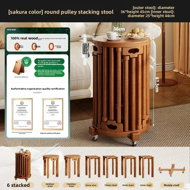Household stools can be stacked solid wood round stools stacked low stools with pulleys wooden stools sturdy and durable Oasis Select Cherry wood color-6A