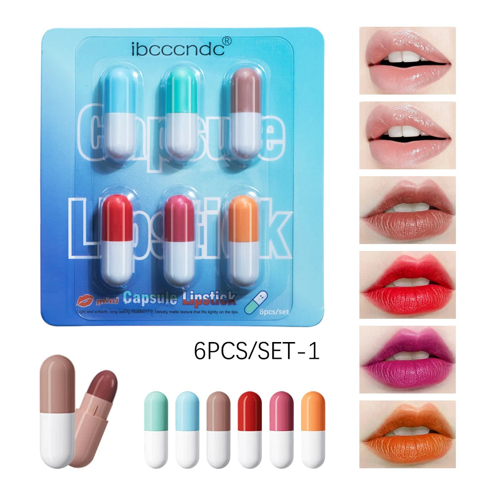 6pcs/set Mini Cute Capsule Lipstick Set with Lip Balm Moisturizing Waterproof Non-stick Cup Carry Pill Lipstick Lips Makeup Gift Oasis Select