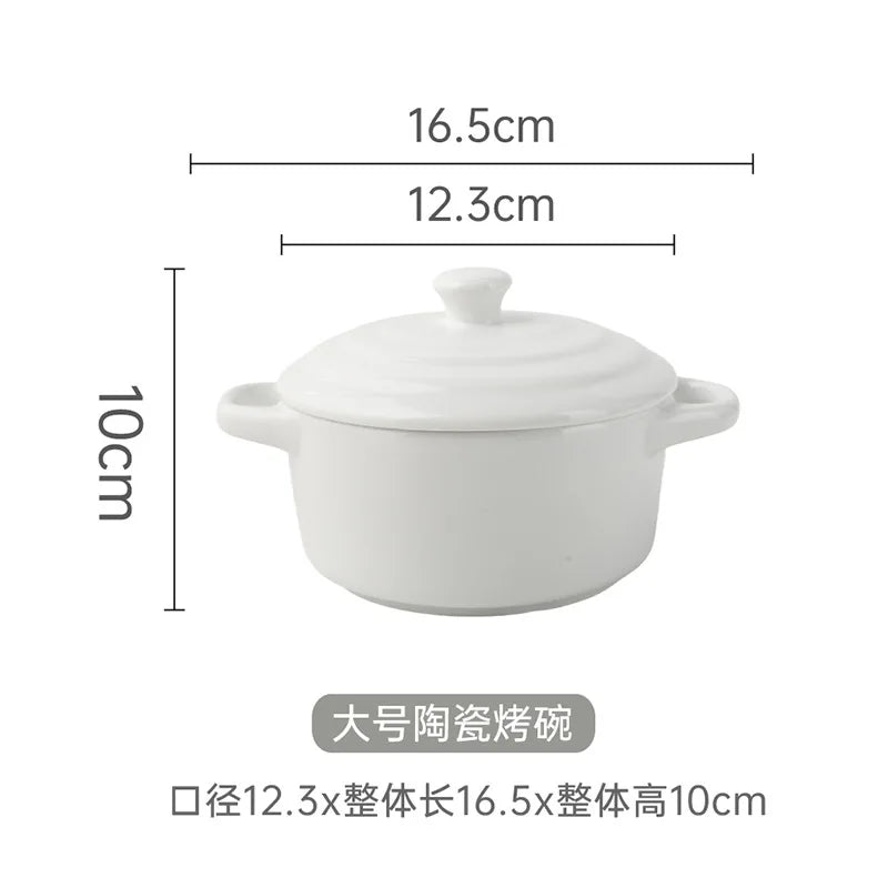 1Pc Small Ceramic Double Ear Bowl - Oven Safe for Steamed Egg Custard, Household Stew Soup, Pudding Baking & Stewing Pot Oasis Select White-L