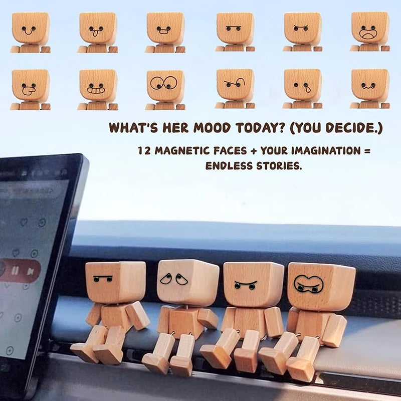 Shaking Wooden Man Figurine, Charming Little Wooden Figure That Sways With 12PCS Magnetic Expressions Oasis Select