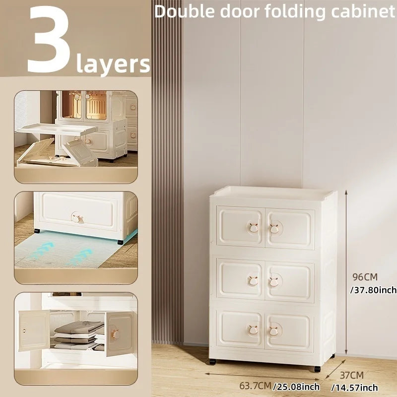 Foldable Storage Cabinet,Multi-Tier Heavy-Duty Organizer with Single/Double Door Design,Rolling Wheels for Living Room/Bedroom Oasis Select 2doors 3 Layers