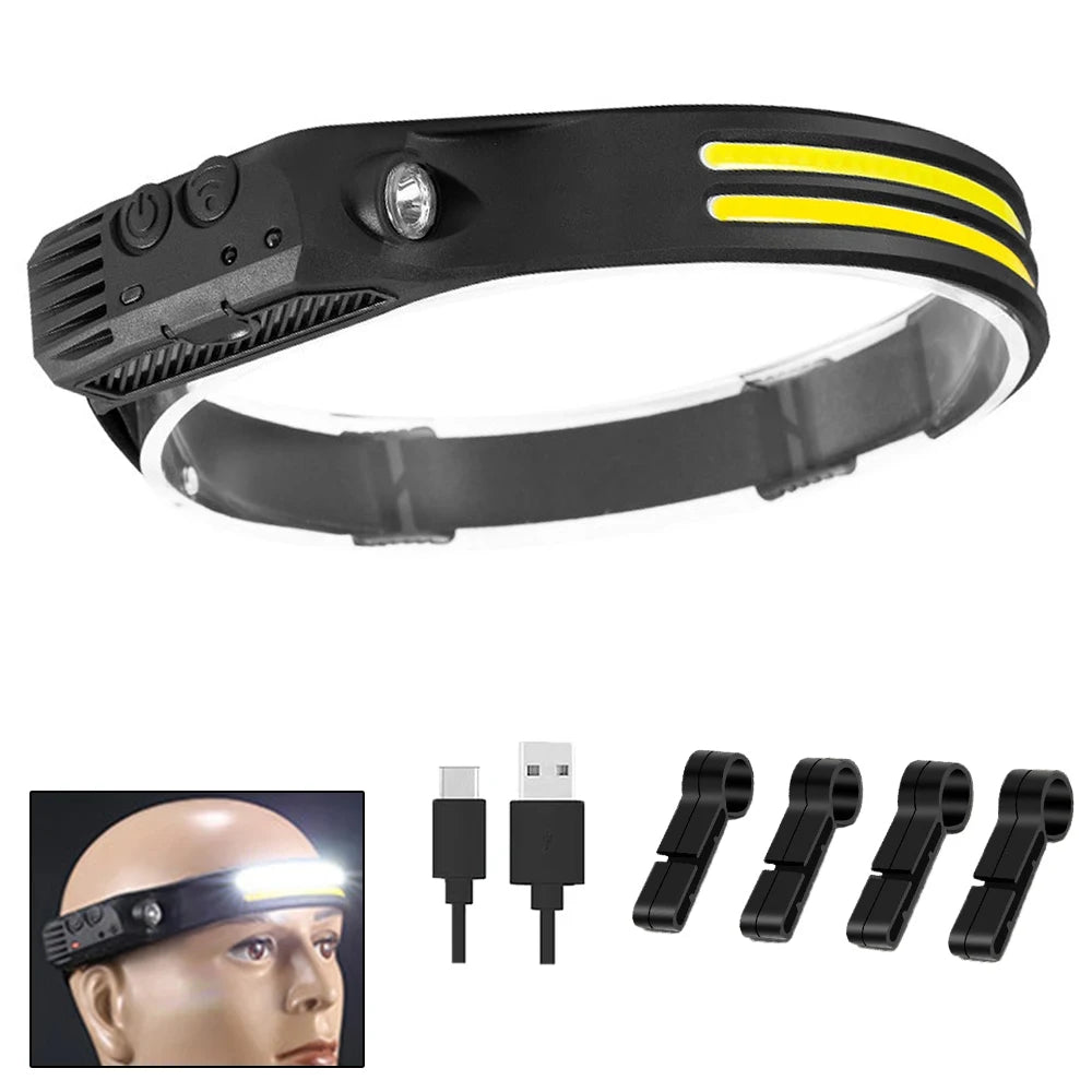 High Power COB LED Sensor Headlamp USB Rechargeable with Built-in Battery Waterproof Head Light Outdoor Camping Head Lantern Oasis Select 1PCS with hook