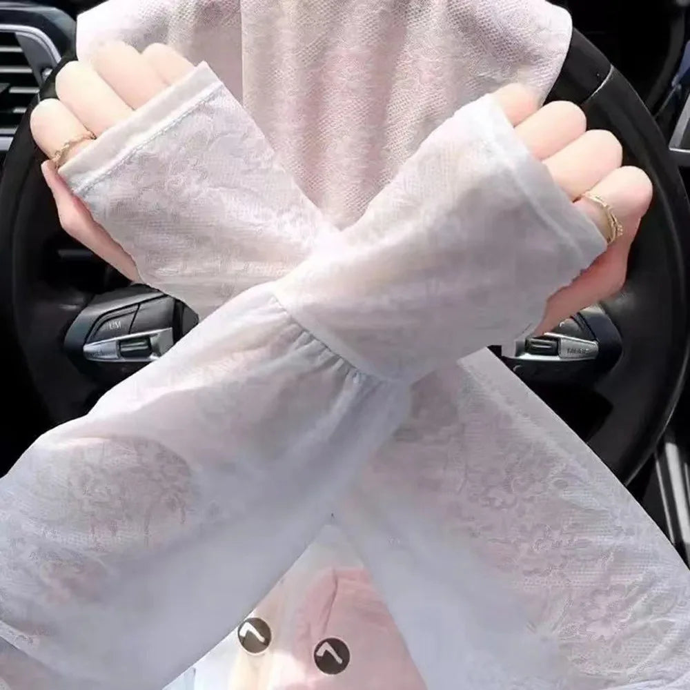 Fashion Lace Ice Silk Sleeves Long Soft Breathable Sunscreen Sleeves UV Protection Arm Glove Sleeves Women Oasis Select Grey