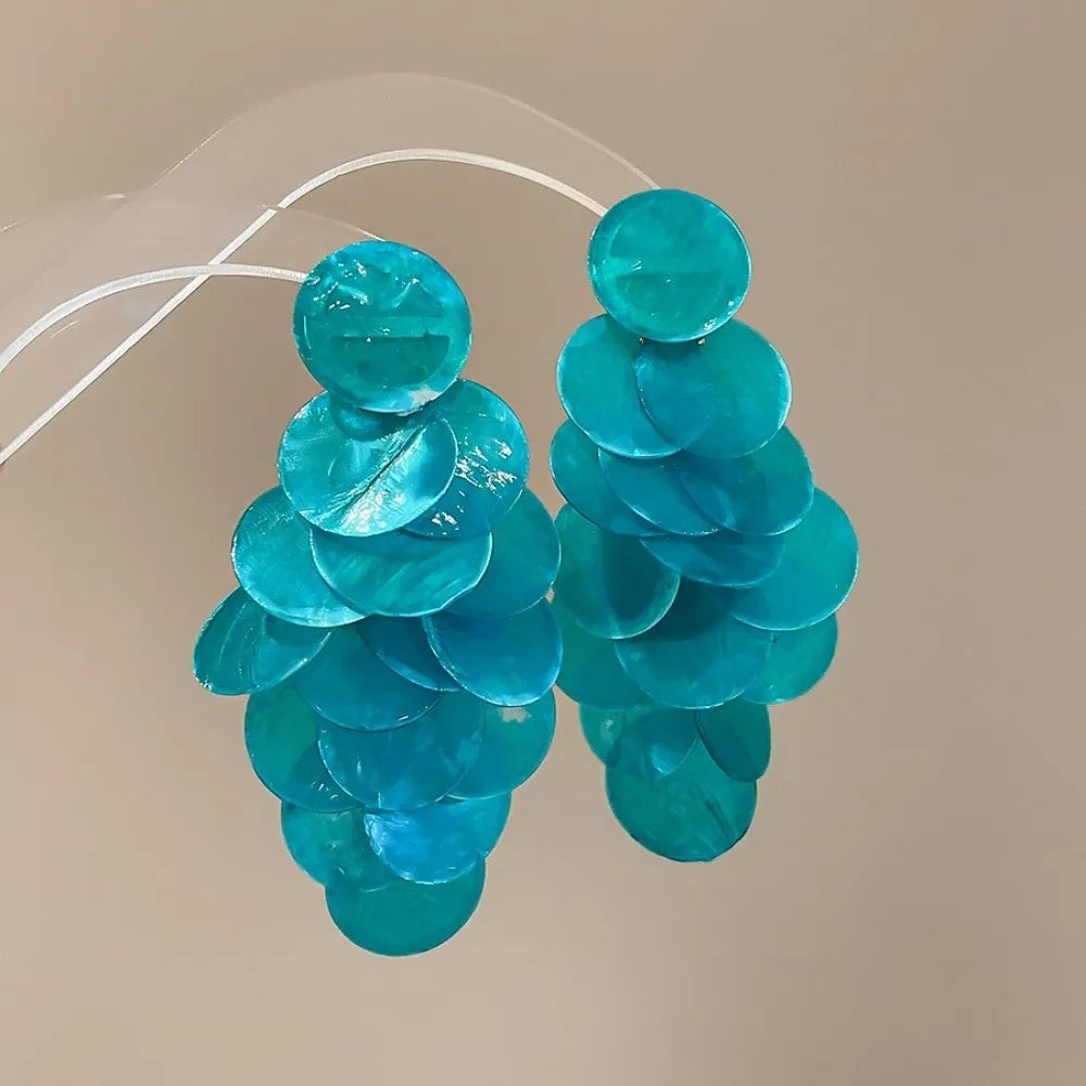 Round Shell Shell Tassel Earrings Beach Style Transparent Vintage Exaggerated Shell Disc Earrings Drop Earrings Oasis Select Blue