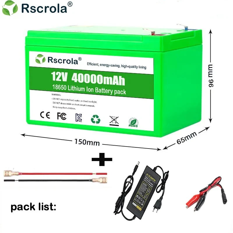 12V Large-Cap 18650 Rechargeable Li-ion Battery Pack (20/30/40Ah)+Charger – Fits Sprayer, Agri, Solar, Kids’ Toy Car, Scale Oasis Select 40000mAh 12 V