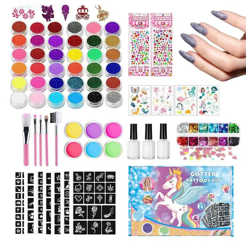 36 colors Colorful Glitter Temporary Tattoo Set Glitter Powder Makeup Brush Tattoo Glue Tattoo Party Face Body Art Kits For Kids Oasis Select