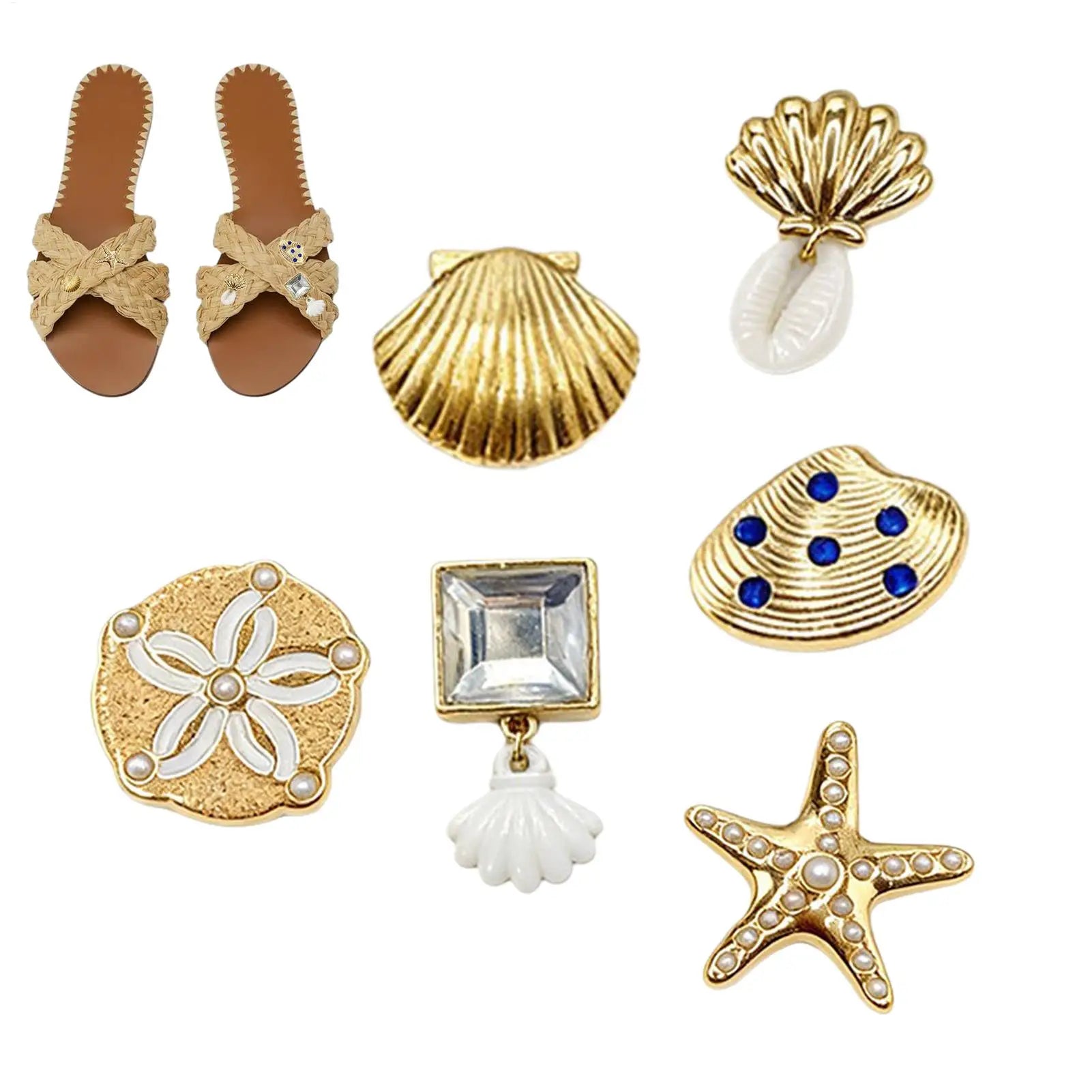 Slippers Charms for Sandals Sea Theme Shell Decor Sandal Charm Set Sandal Charms for Slippers Gold Sea Theme Shell Shoe Decor Oasis Select