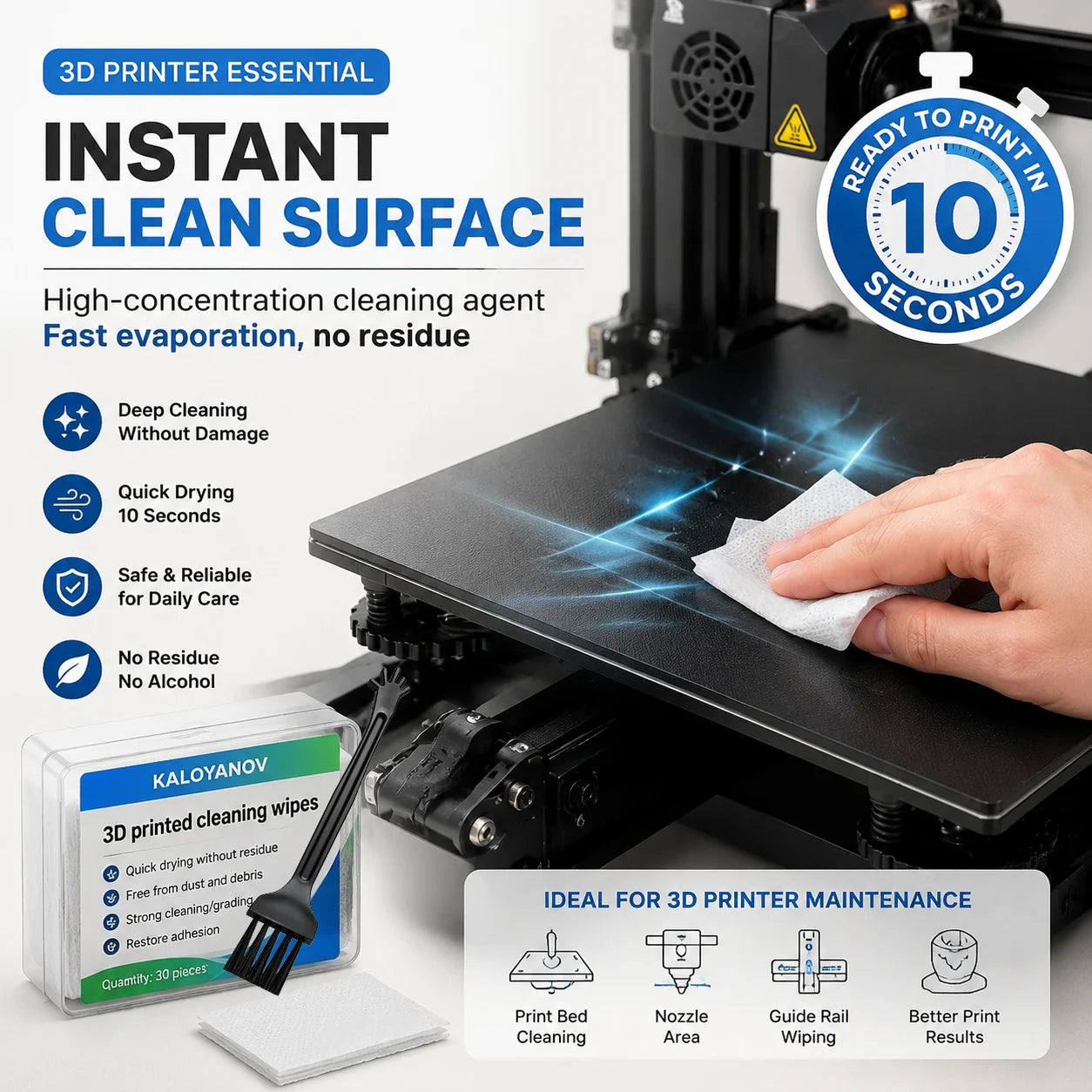 3D Printer Bed Cleaning Wipes 30PCS + Detail Brush & Desktop Brush with Dustpan – Quick-Drying Lint-Free FDM/SLA Surface Cleaner Oasis Select