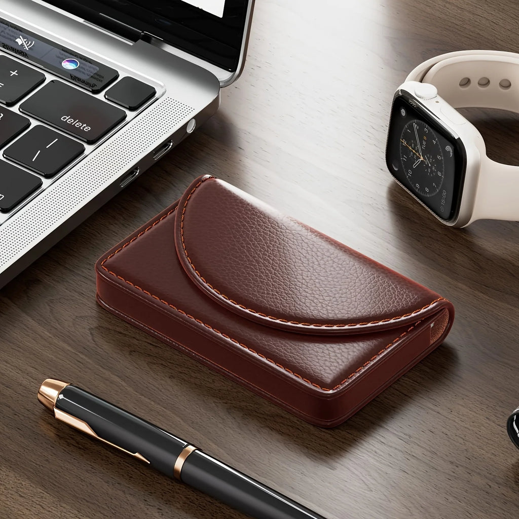 1pc Luxury Lychee Leather Business Card Holder,Large Capacity Metal Magnetic Closure,Desk Organizer for Office Photo Card Holder Oasis Select