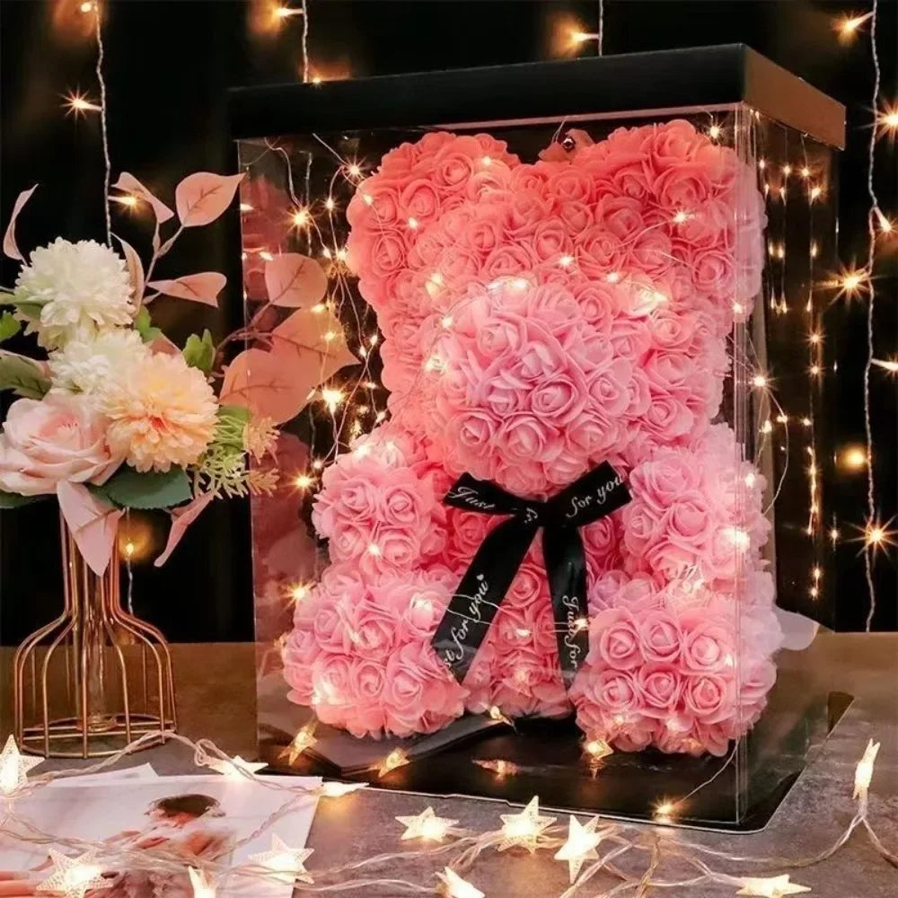 Eternal Rose Teddy Bear with Artificial Flower Birthday Anniversary Gift Decor Miniature Keepsake for Girlfriend Valentine Day Oasis Select