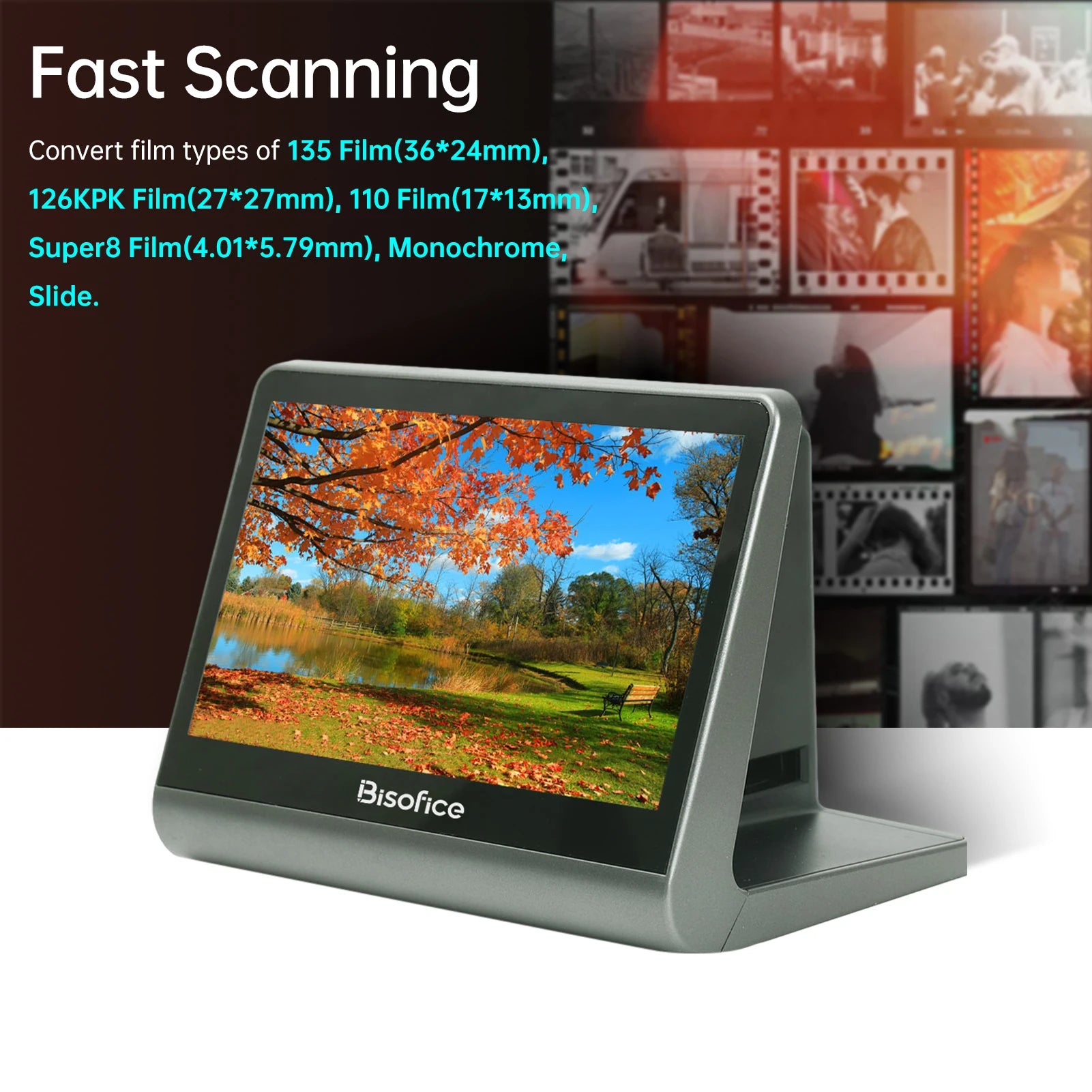 Bisofice 7'' LCD Screen Film Slide Scanner for 135 Film 126KPK /110 Film/Super8/ Monochrome/Slide to Digital JPEG Photos 16GB Oasis Select