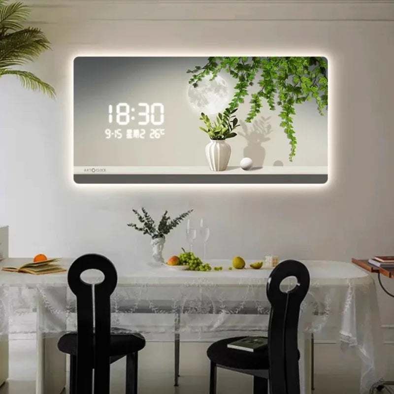 Simple Green Plant Digital Electronic Clock Living Room Decoration Painting Plug-in Digital Display Screen Light Wall Clock Oasis Select