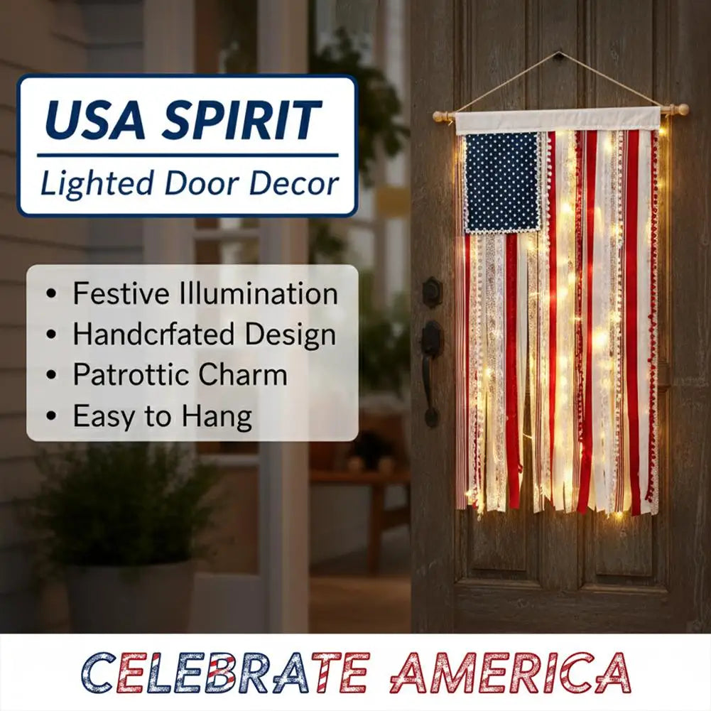 4th of July USA Flag Fringe Banner with LED Lights – 50"×27"
