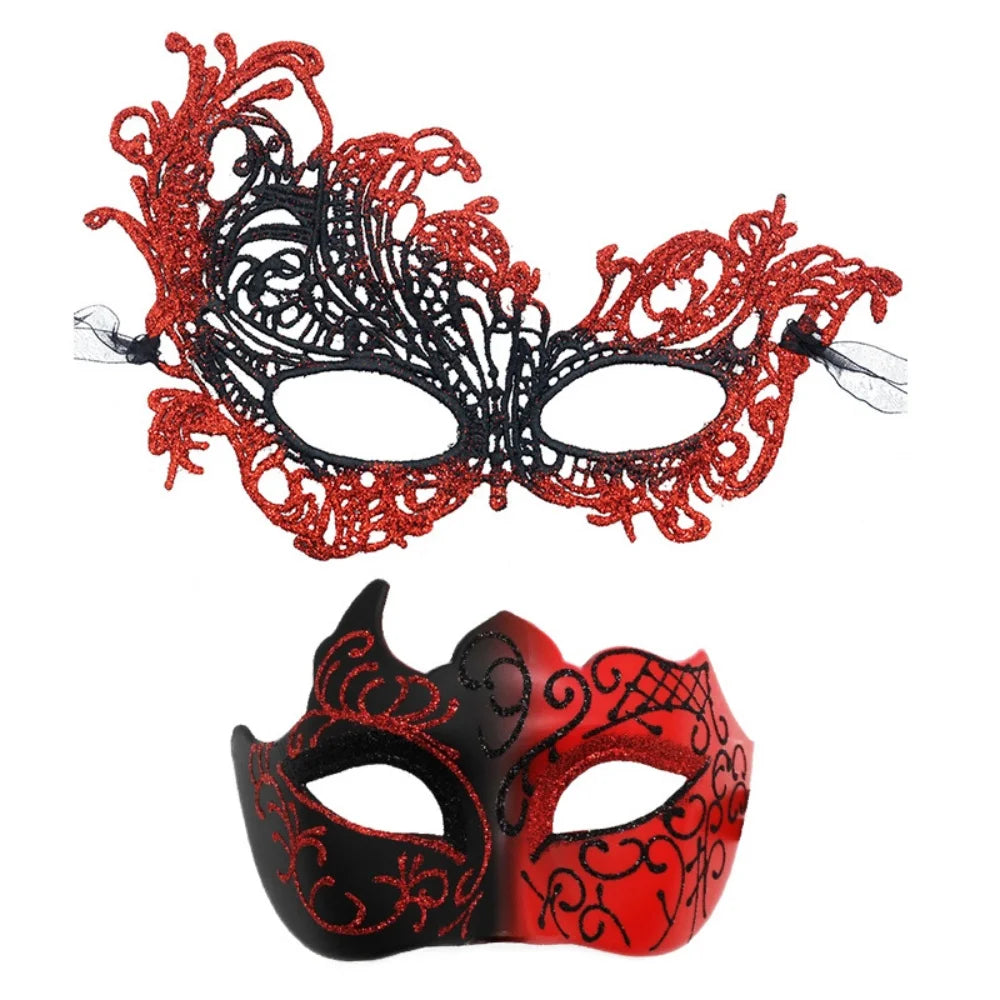 2PCS/set Couple Masks Lace Women Mask Men Painted Half Face Mask Eye Mask Set Party Masquerade Wedding Decoration Costume Prom Oasis Select Red 2