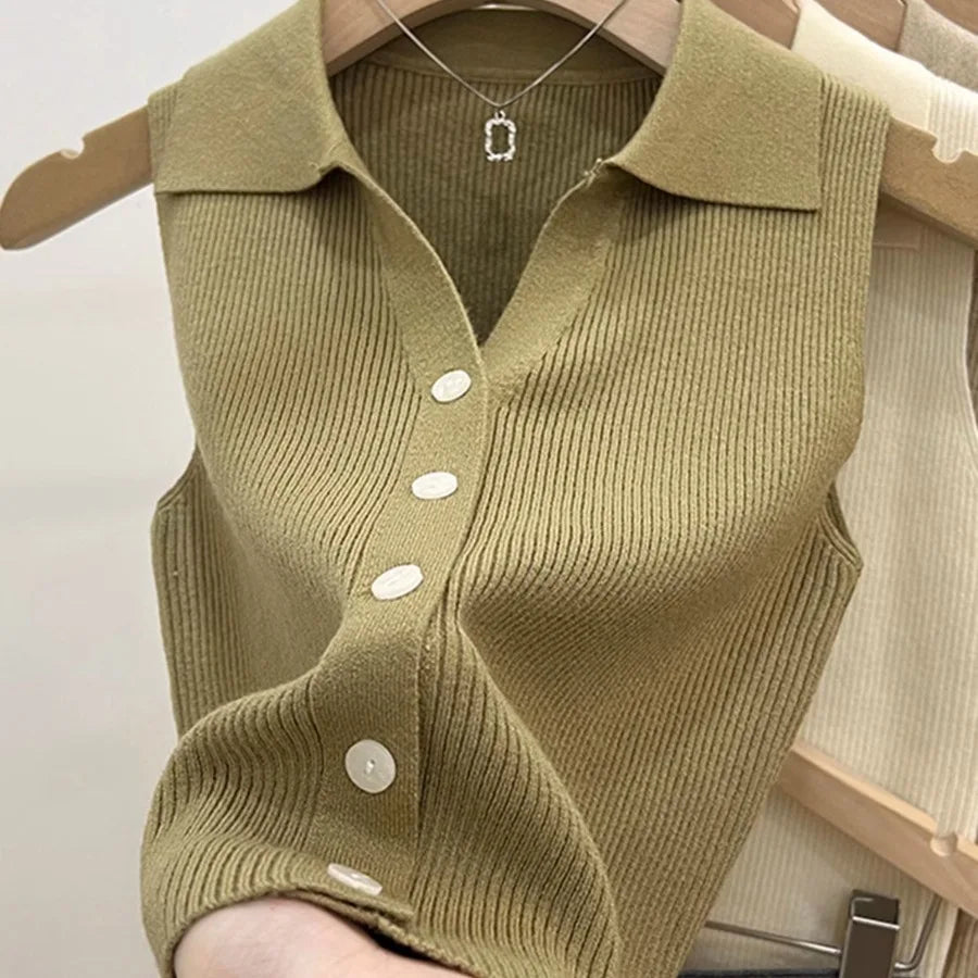Lapel Ice Silk Slim Fit Vest for Women Summer Early Fall Thin Knit Tank Top Sleeveless Short Sleeve Casual Layering Outwear Oasis Select One Size Green