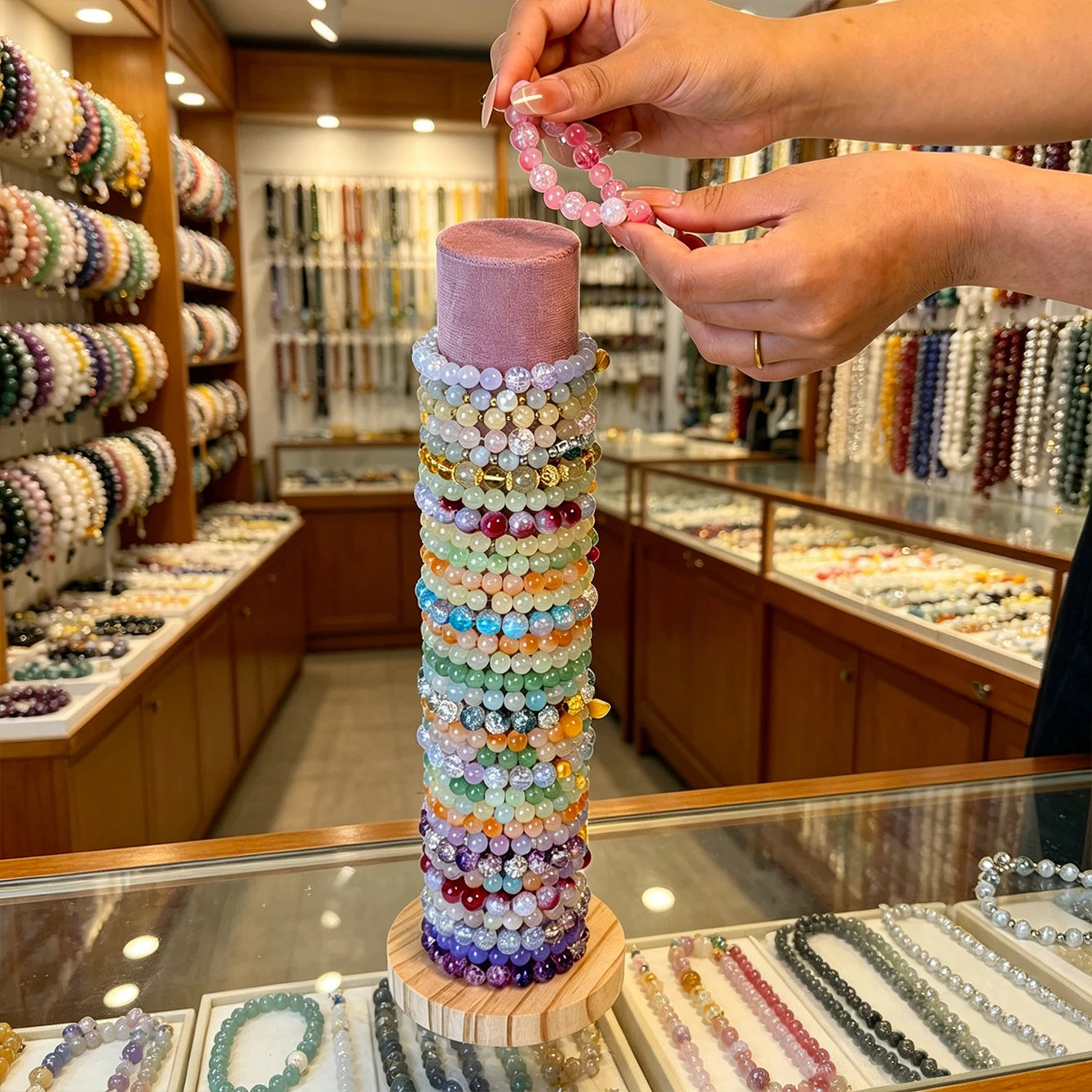 1pc velvet multi-color bracelet jewelry storage rack with vertically stacked tabletop and wooden solid wood base storage rack Oasis Select