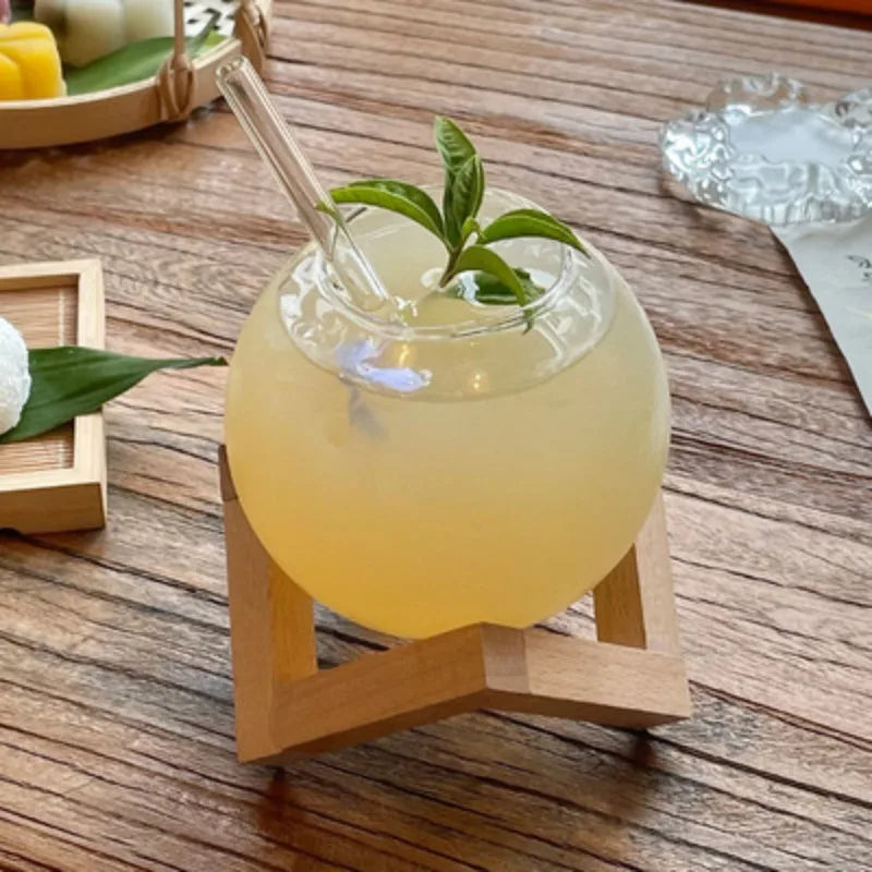 Creative Spherical Glass Cup with Wood Stand Straw Wine Cocktail Coffee Glass Cup Transparent Moon Ball Cold Drinking Juice Cups Oasis Select