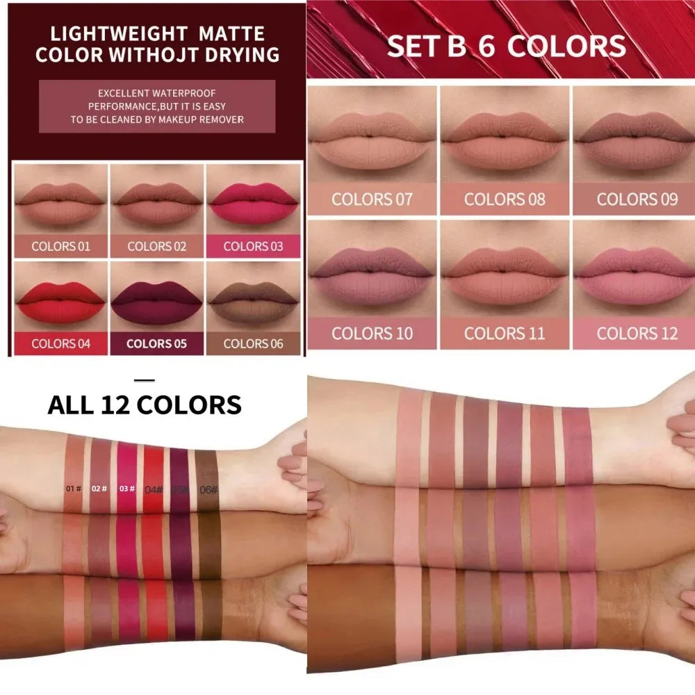 HANDAIYAN 6-Color Velvet Matte Liquid Lipstick Set – Waterproof