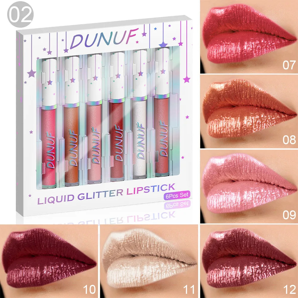 DUNUF 6-Piece Shimmer Lipstick Set – Metallic Gloss & Waterproof