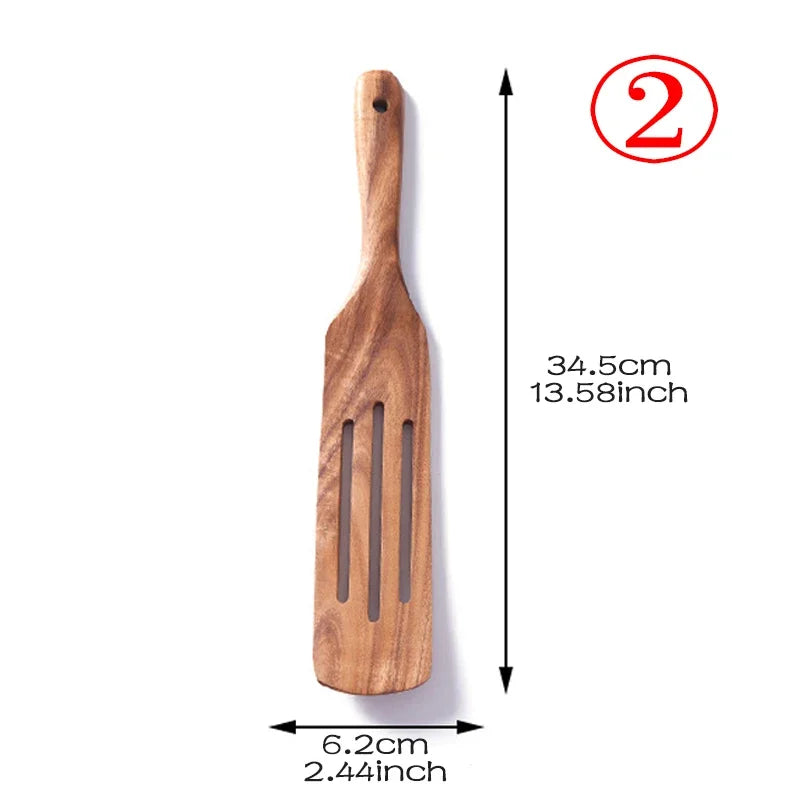 7pcs/set Teak Natural Wood Tableware Spoon Ladle Turner Rice Colander Soup Skimmer Cooking Spoon Scoop Kitchen Reusable Tool Kit Oasis Select shovel 2