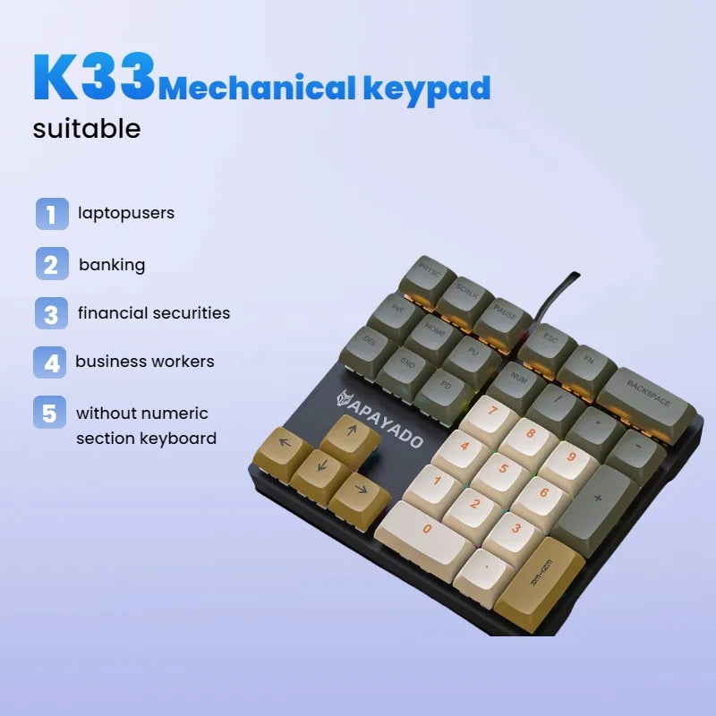 APAYADO K33 Mechanical Numeric Keyboard with Blue Shaft, Mini 33 - Key,PBT Keycaps and Vivid RGB Lights, Tailored for Accountin Oasis Select