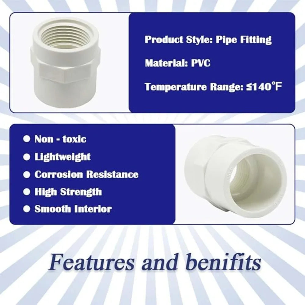 2Pcs White PVC Straight Connector for Garden Irrigation Water Supply Pipe Joint Male and Female Thread 1/2 "1.5" Oasis Select