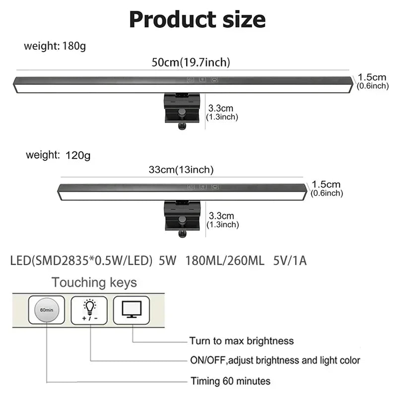 2PC Eye-Care Desk Lamp 33cm LED Computer PC Monitor Screen Light Bar Stepless Dimming Reading USB Powered Hanging Table Lamps Oasis Select