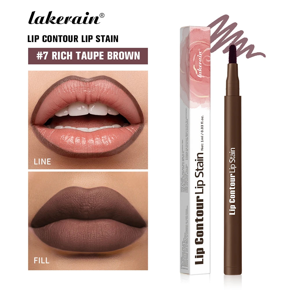 2-in-1 Lip Contour Lip Stain Pen Smudge-proof Non-stick Cup Moisturizing Lip Makeup Cosmetic Dual-Sided Tip Lip Stain & Liner Oasis Select 7 Rich Taupe Brown