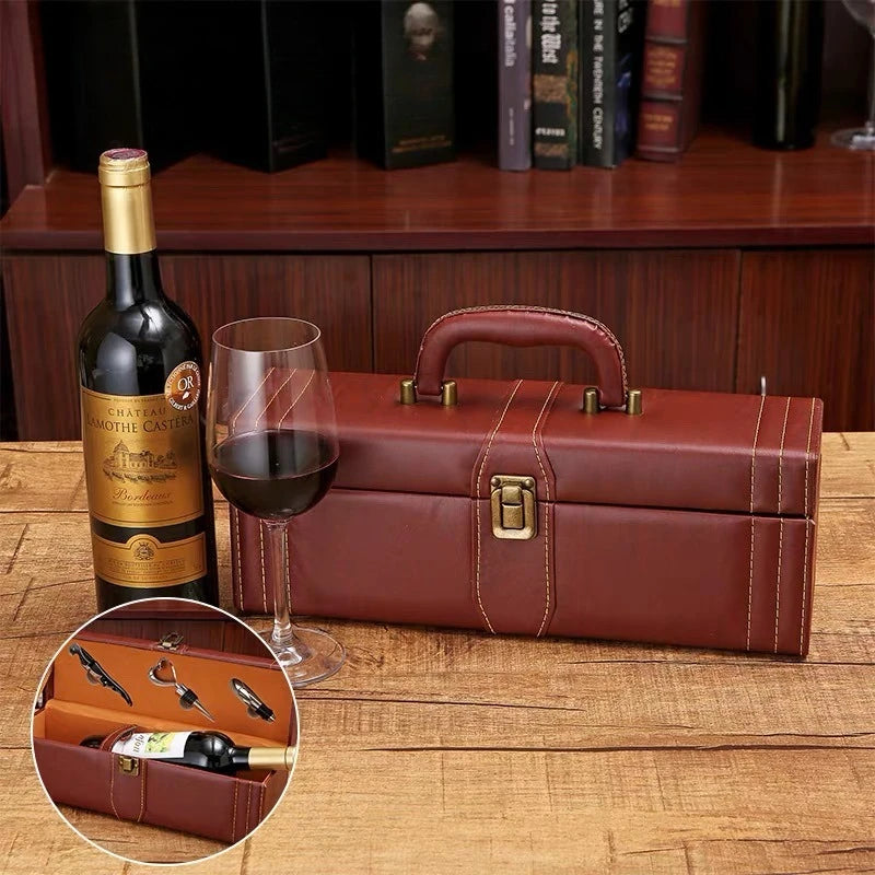 Luxury PU Leather Wine Bottle Gift Box Home Storage Organizer Wine Carrying Holder Leather Gift Box Packaging Bottle Opener Set Oasis Select