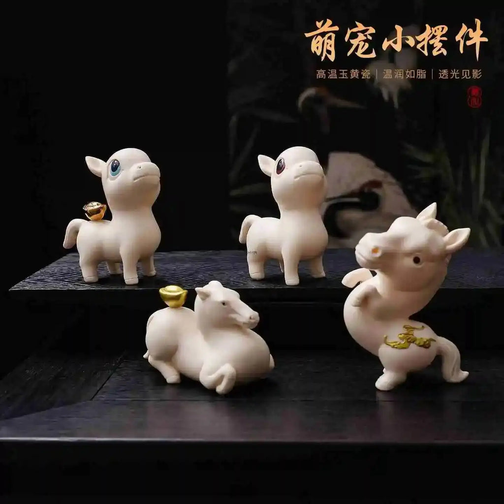 Jade Yellow Porcelain Tea Pet Ornament Horse Zodiac Lucky Charm Cute Horse Tea Paly Чаепитие Oasis Select