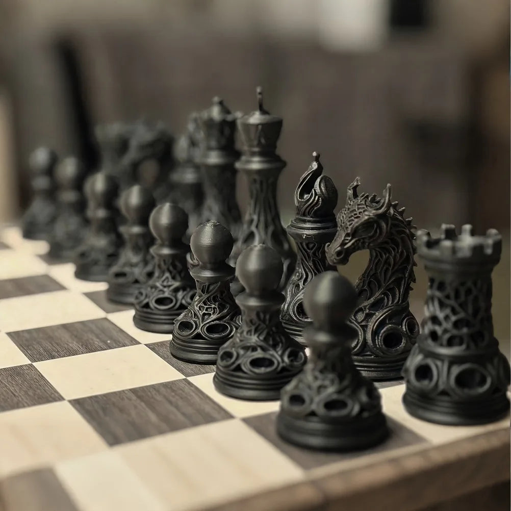 32pcs Gothic Dragon Chess Pieces Set Black White 3D Printed Hollow Design Tabletop Ornament Gift for Chess Lovers Oasis Select