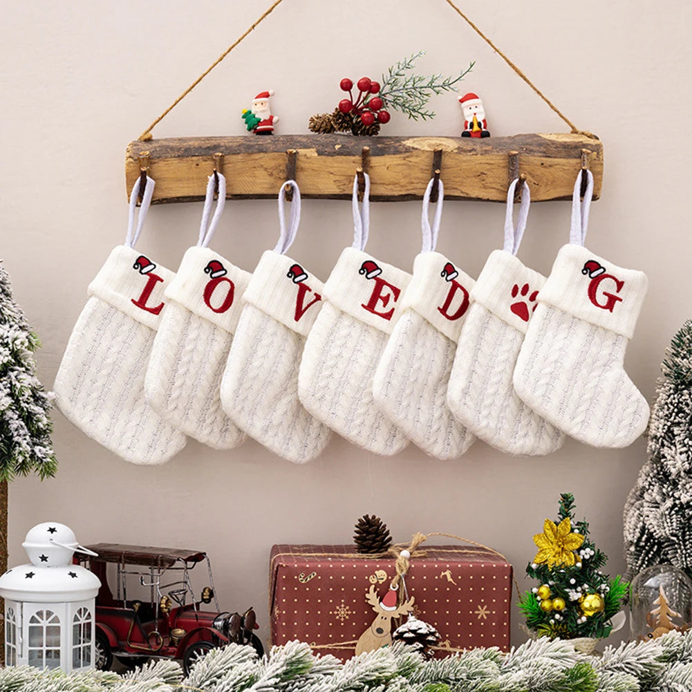With Hanging Rope Christmas Stocking Children Candy Bag Beautiful Knitted Pendant White Snowflake Alphabet Christmas Tree Oasis Select