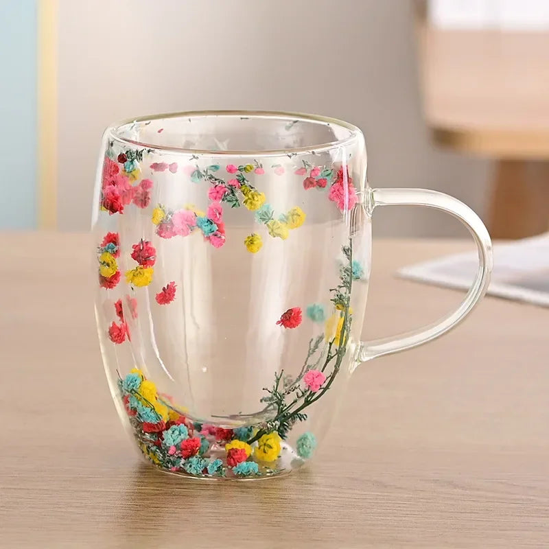 1PCS 300ml Double Wall Glass Cup with Handle Dried Flower Decorated Ins StyleDurable Coffee Milk Mug Heat Resistant Tea Cups Oasis Select Multicolor2-350ml 300ml