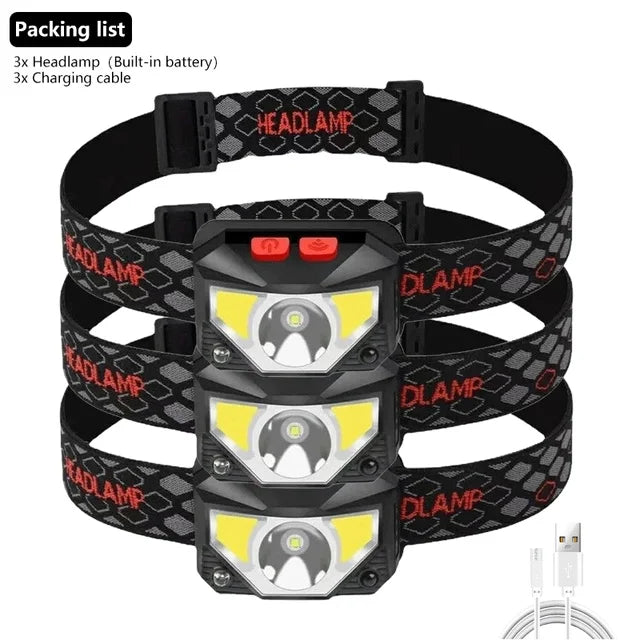 8 Modes Handfress Motion Sensor Powerful LED Headlight headlamp Head Lamp COB Flashlight Torch head light For Camping, fishing Oasis Select 3PCS