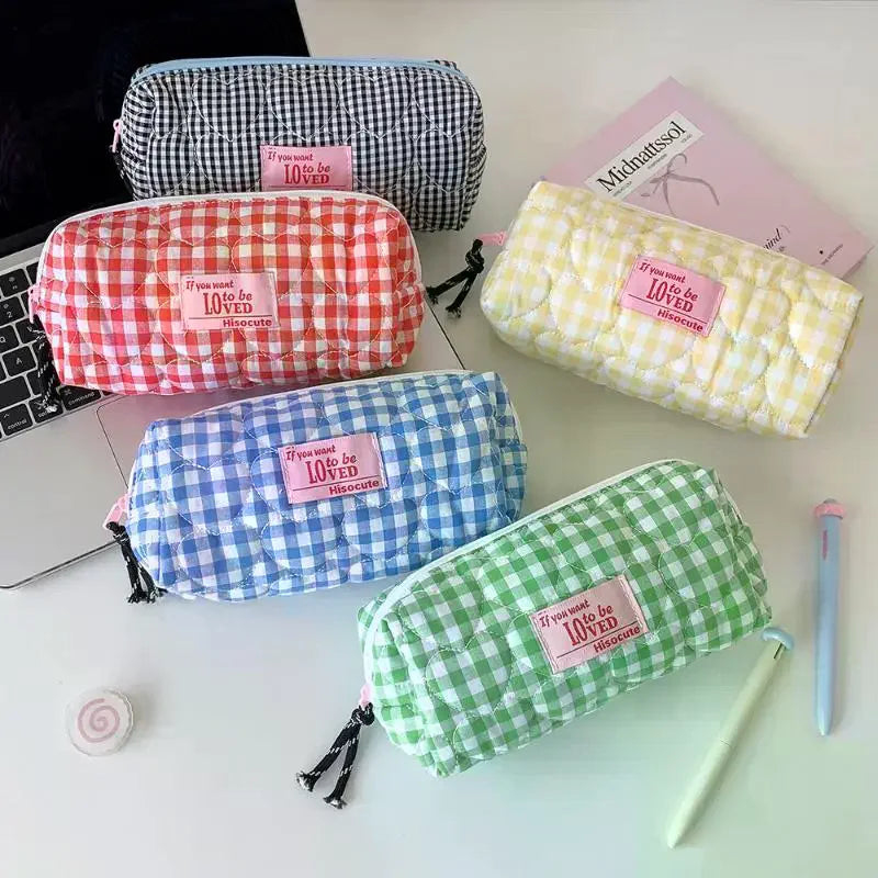 Colored Checkered Pencil Case INS Style Large Capacity Stationery Storage Bag Cosmetics Miscellaneous Storage Bag Makeup Bag Oasis Select